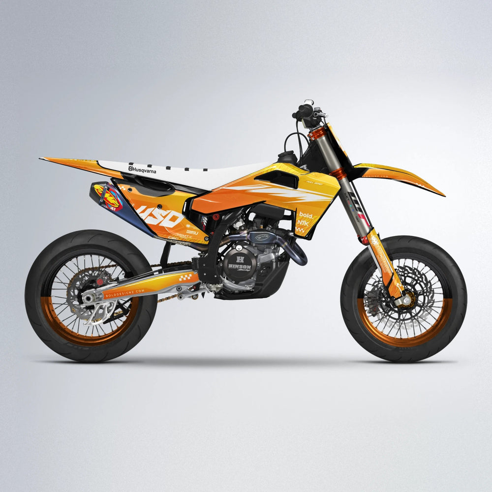 NTK V5 Husqvarna FE/TE supermoto graphics kit in Orange & Yellow