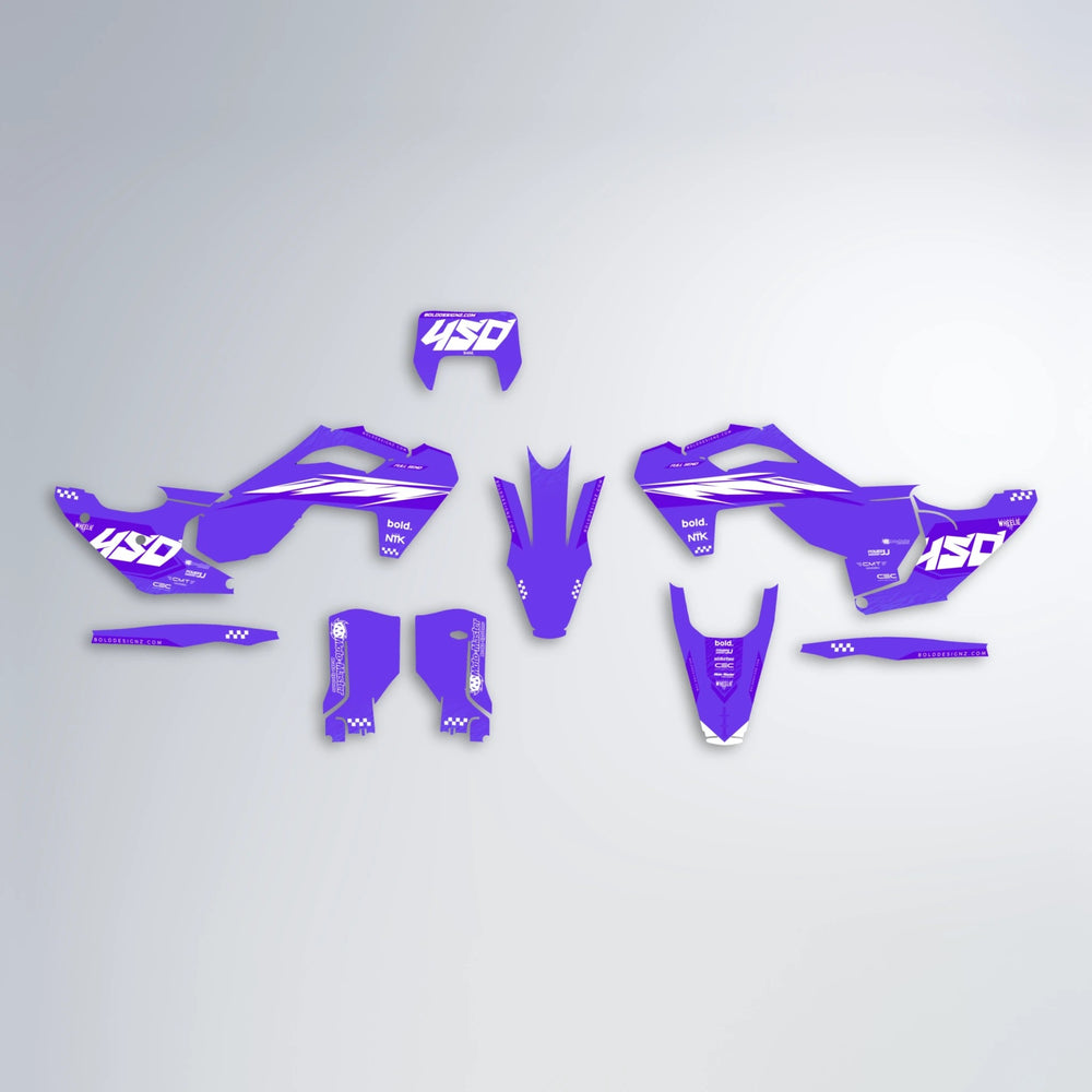 NTK V5 Husqvarna FE/TE graphics kit parts layout in Purple