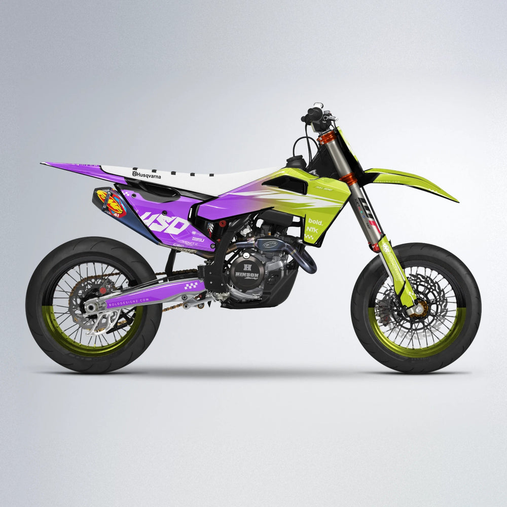 NTK V5 Husqvarna FE/TE supermoto graphics kit in Purple & Yellow