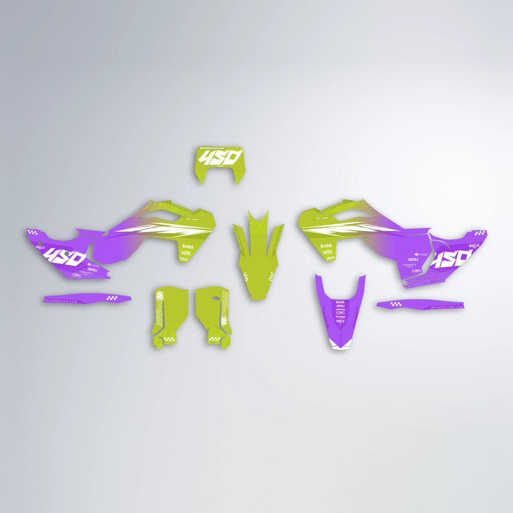 NTK V5 Husqvarna FE/TE graphics kit parts layout in Purple & Yellow
