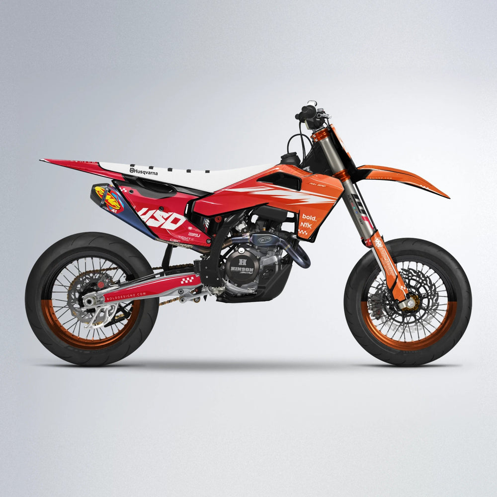 NTK V5 Husqvarna FE/TE supermoto graphics kit in Red & Orange