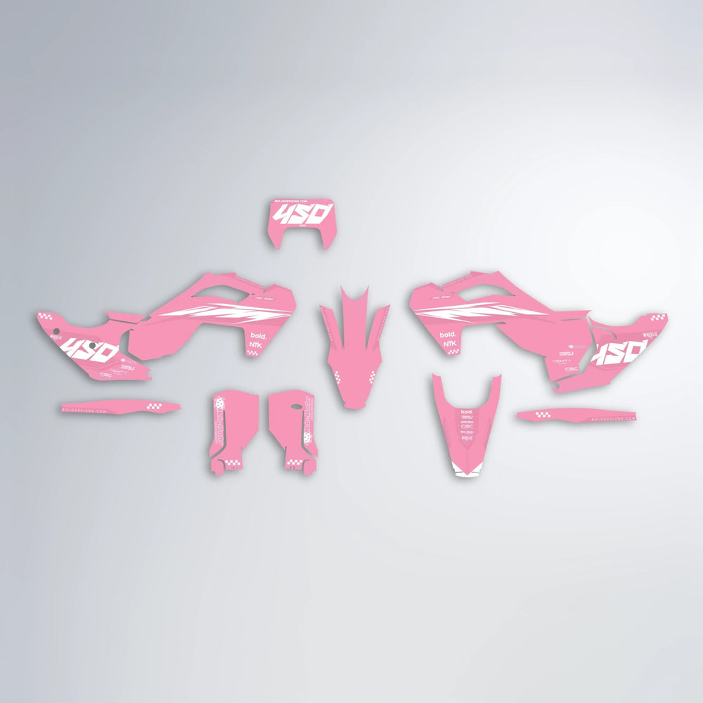 NTK V5 Husqvarna FE/TE graphics kit parts layout in Sakura Pink