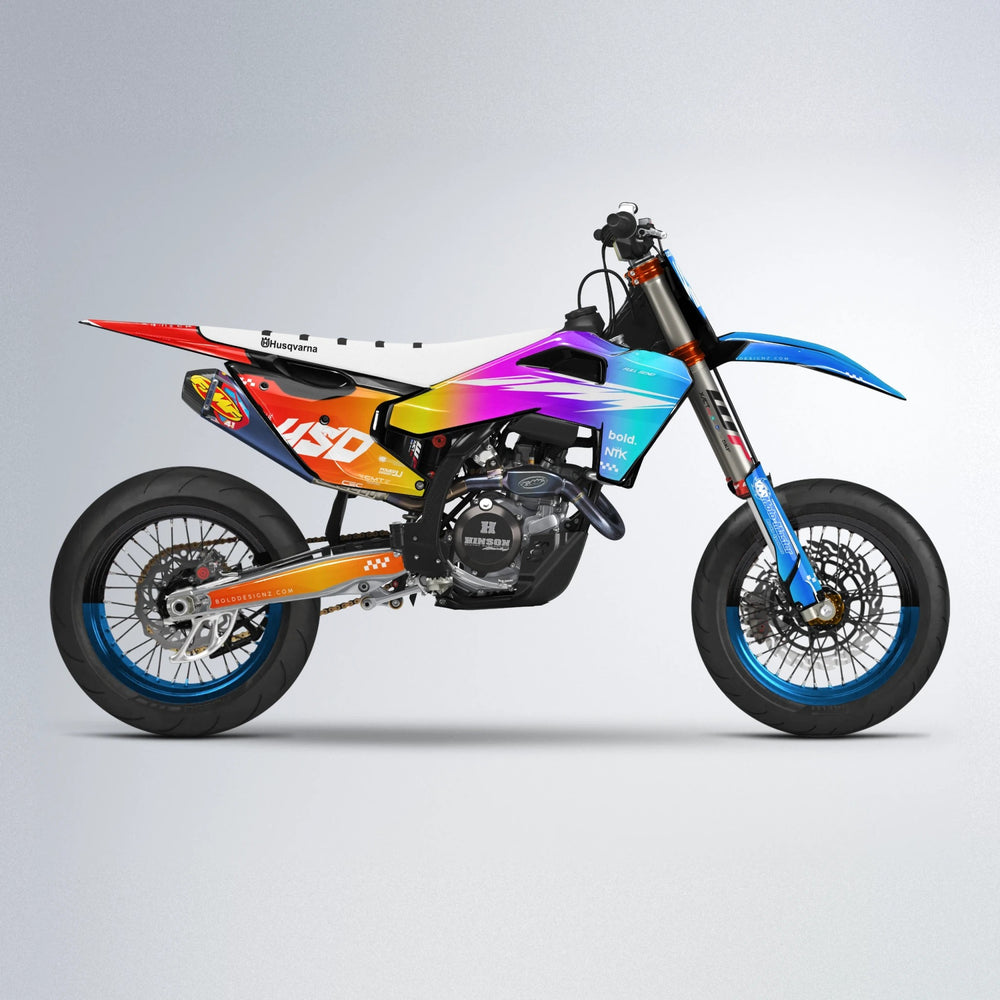 NTK V5 Husqvarna FE/TE supermoto graphics kit in Sunset Fade