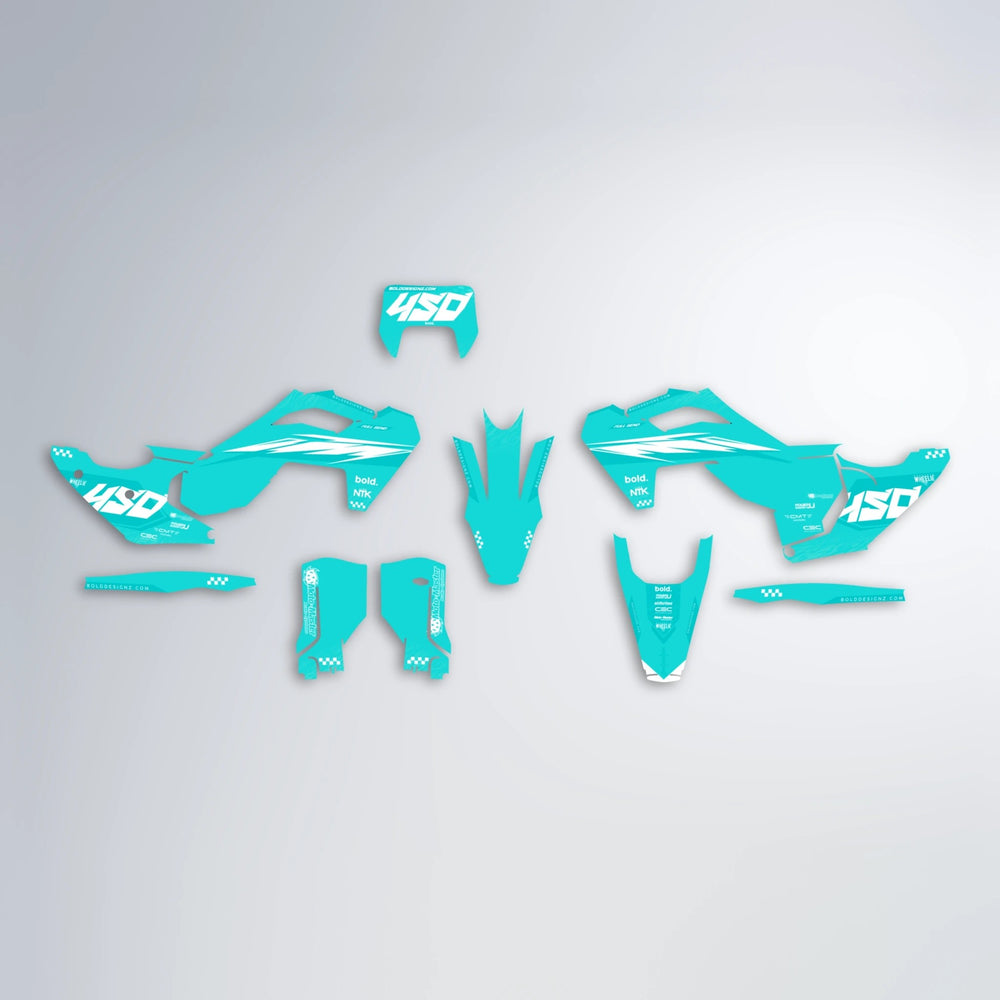 NTK V5 Husqvarna FE/TE graphics kit parts layout in Teal