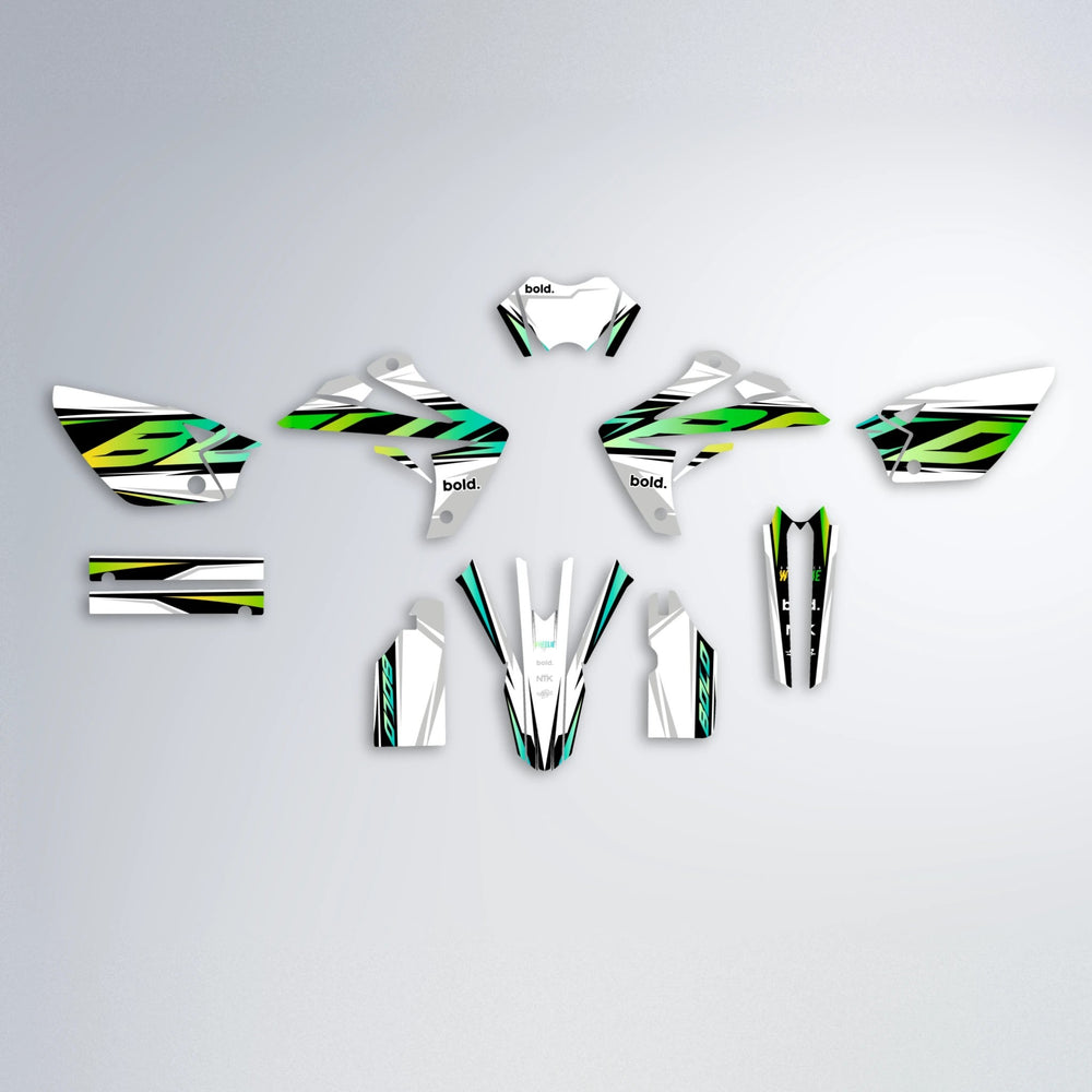 OPTIC Rieju MRT graphics kit parts layout in Cyan & Green