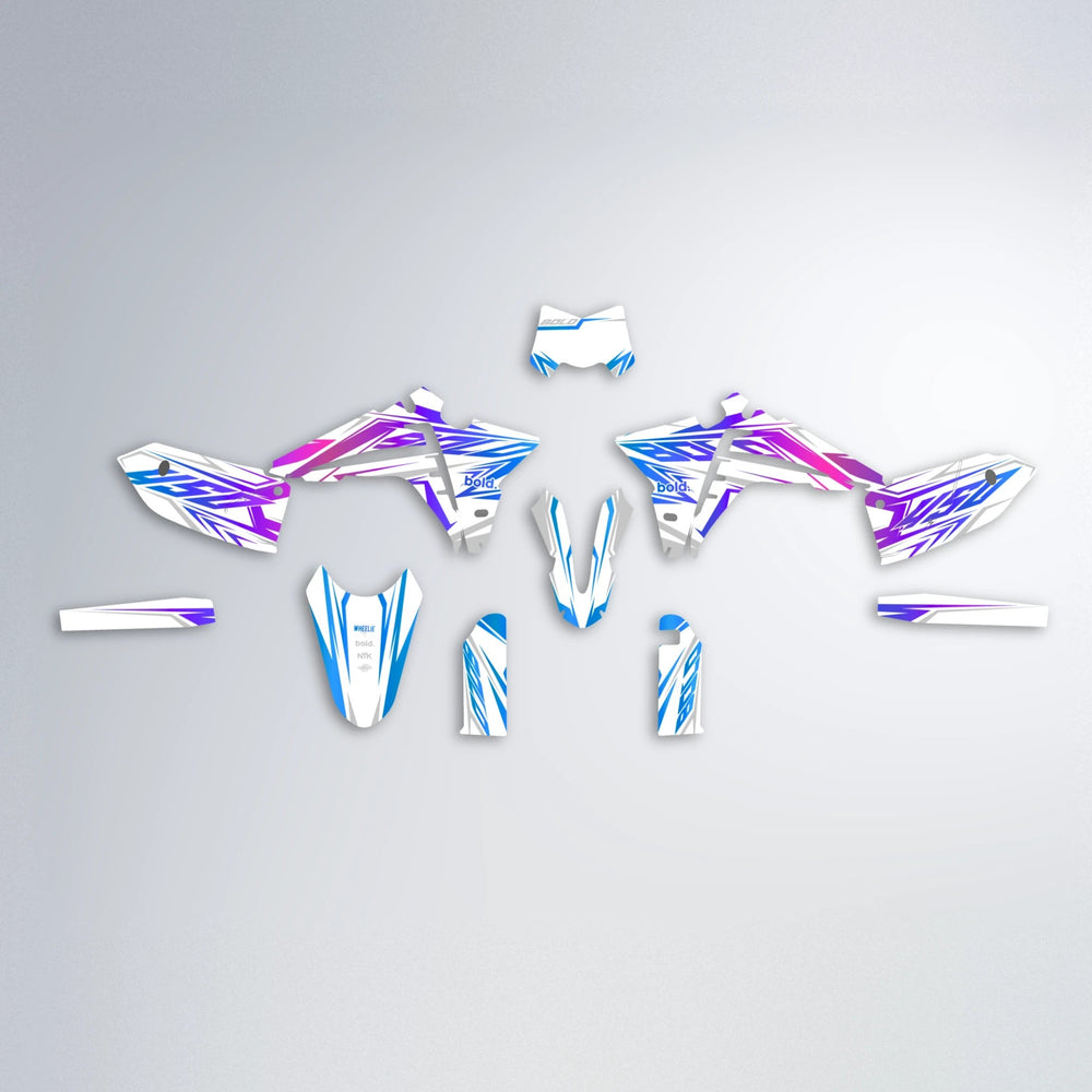 OVERDRIVE Fantic graphics kit parts layout in Blue Purple Fade
