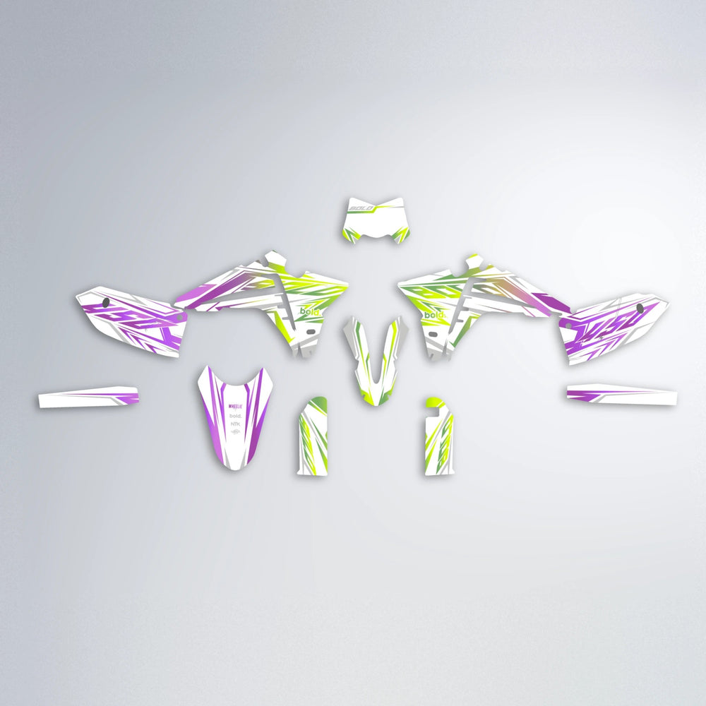 OVERDRIVE Fantic graphics kit parts layout in Purple & Yellow