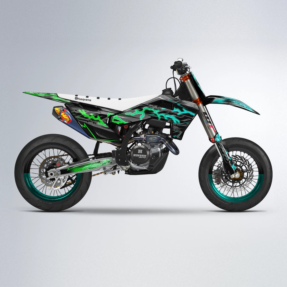 PATCHY Husqvarna FE/TE supermoto graphics kit in Cyan & Green