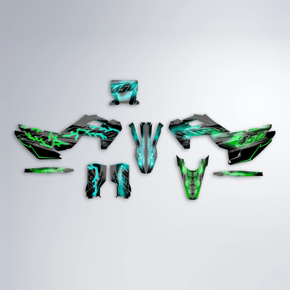 PATCHY Husqvarna FE/TE graphics kit parts layout in Cyan & Green