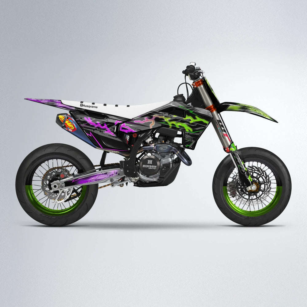 PATCHY Husqvarna FE/TE supermoto graphics kit in Purple & Yellow