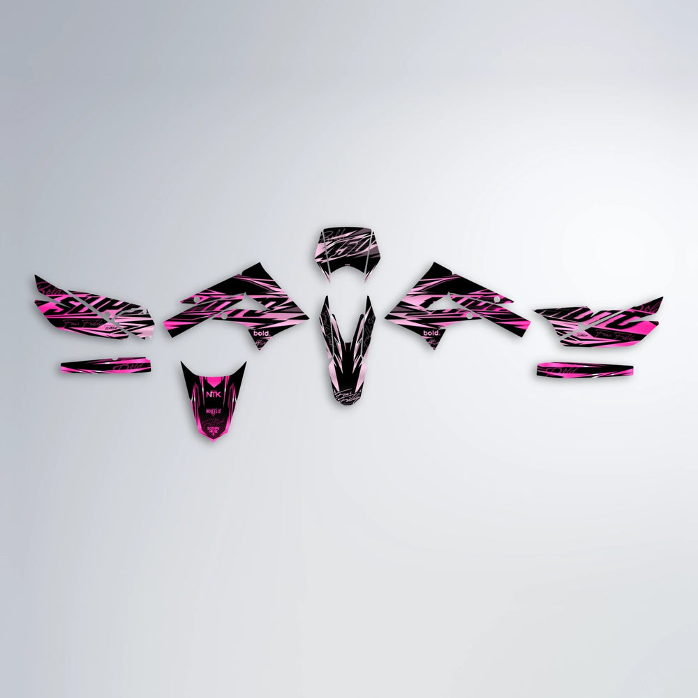 PHANTOM Derbi Senda graphics kit parts layout in Flamingo