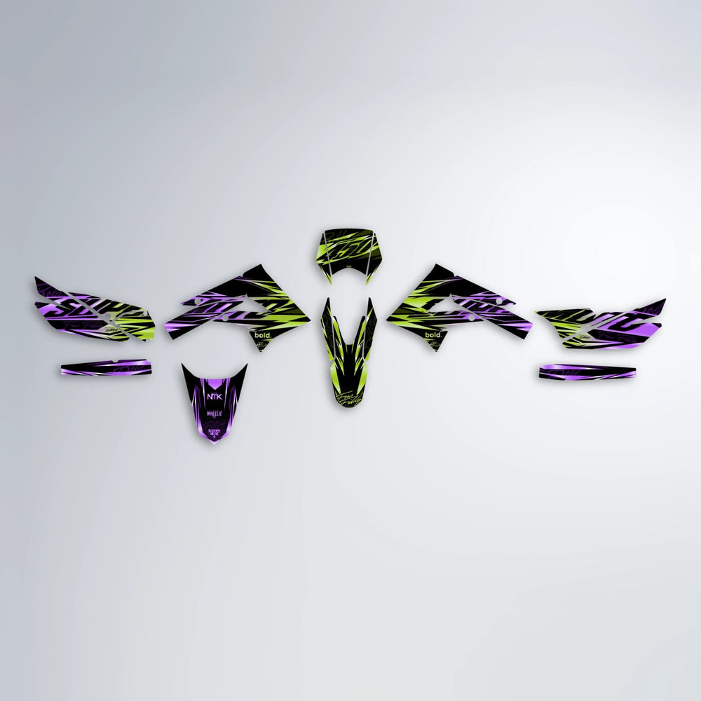 PHANTOM Derbi Senda graphics kit parts layout in Purple & Yellow