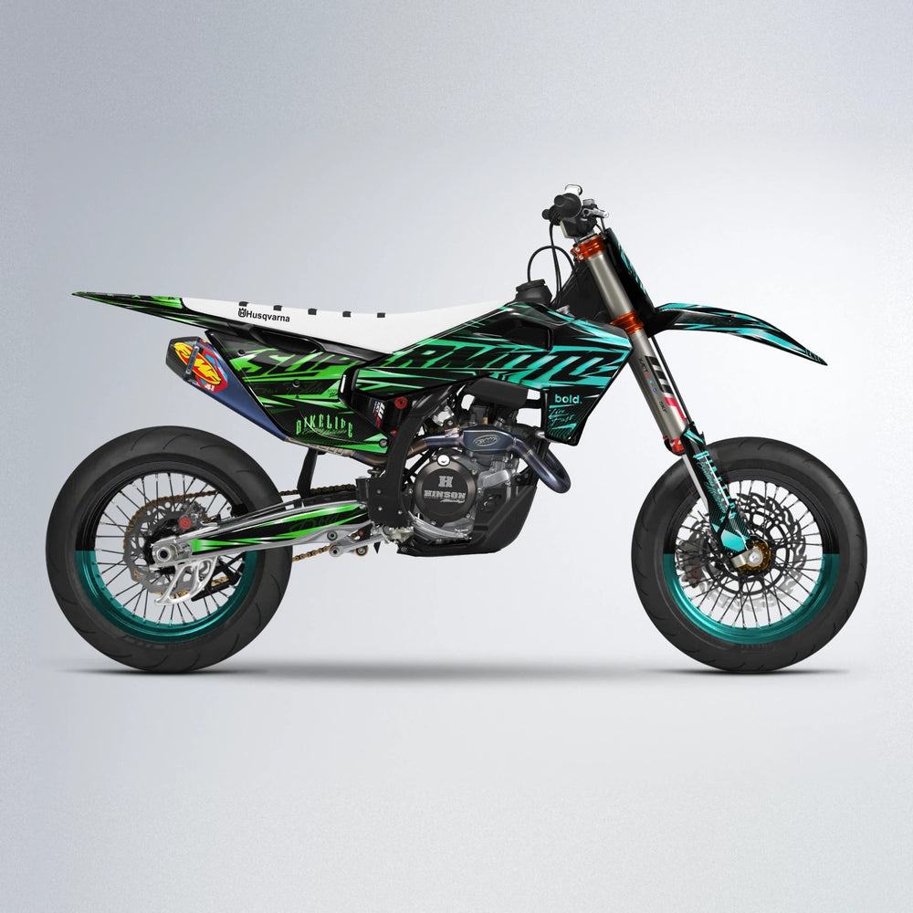 PHANTOM Husqvarna FE/TE supermoto graphics kit in Cyan & Green