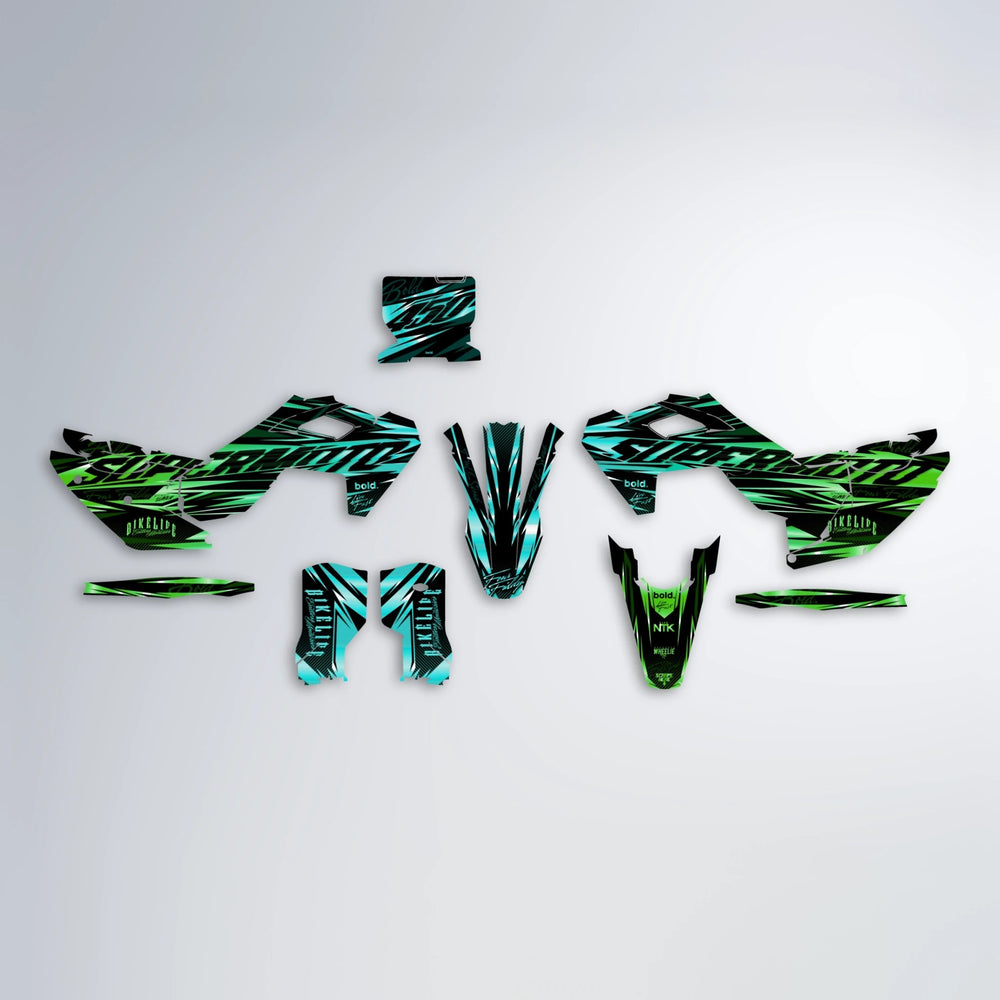 PHANTOM Husqvarna FE/TE graphics kit parts layout in Cyan & Green
