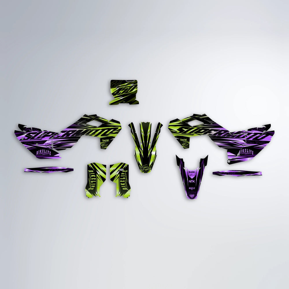 PHANTOM Husqvarna FE/TE graphics kit parts layout in Purple & Yellow