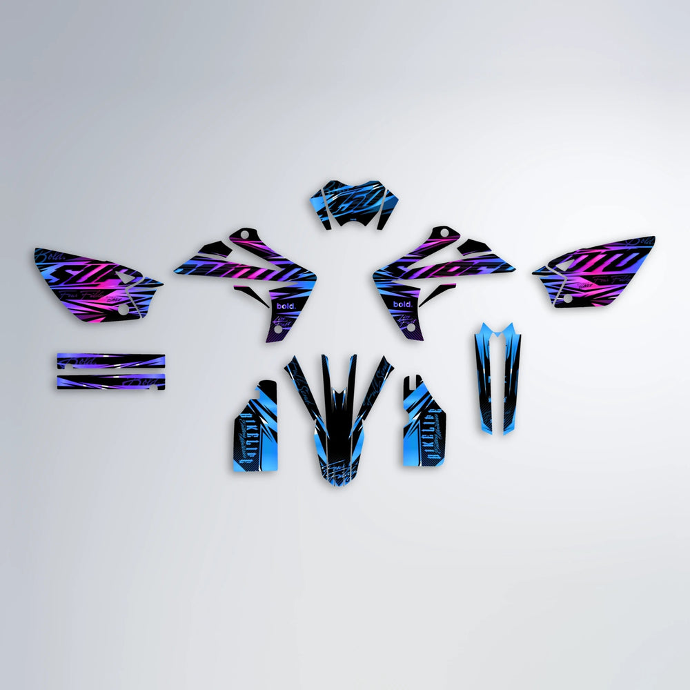 PHANTOM Rieju MRT graphics kit parts layout in Blue Purple Fade