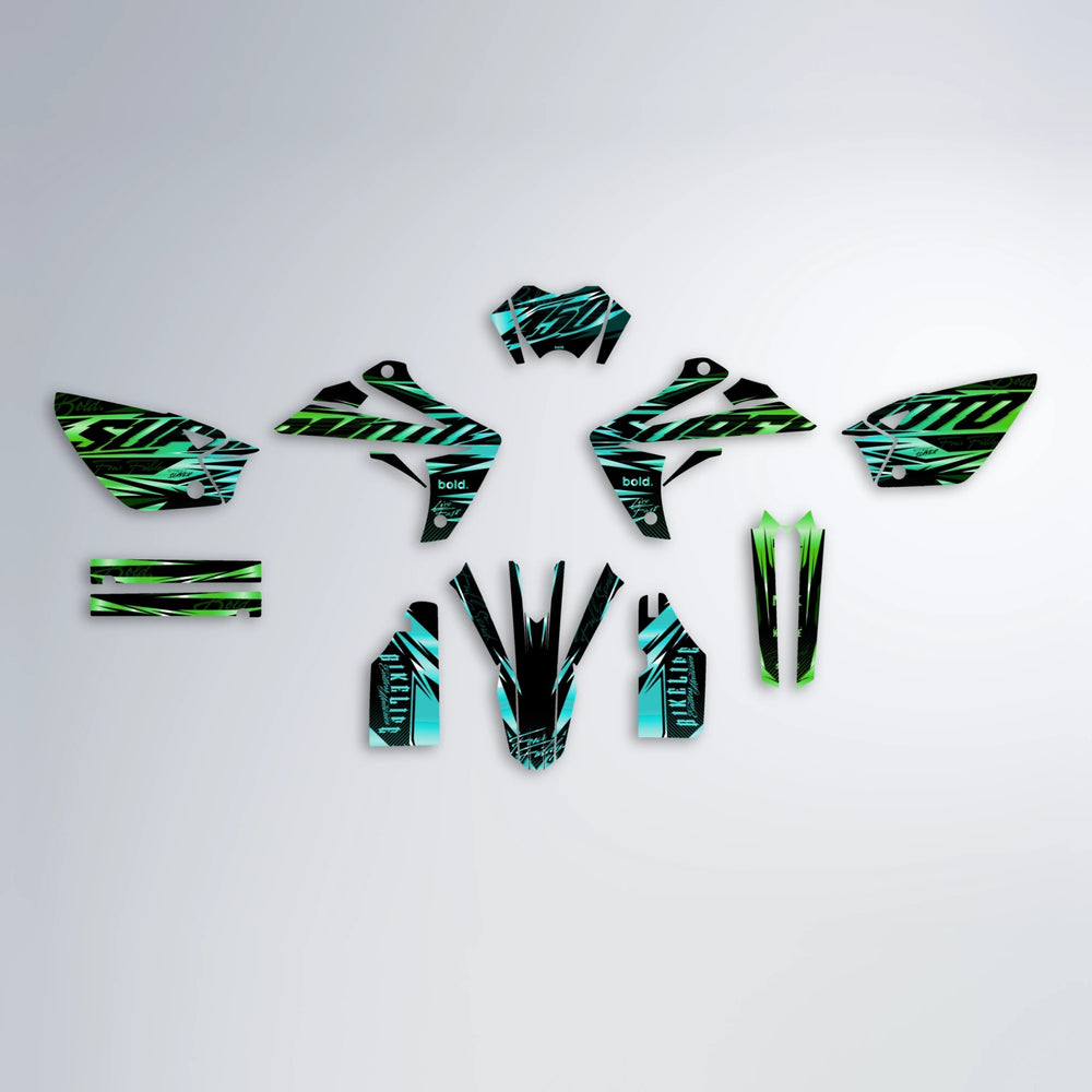PHANTOM Rieju MRT graphics kit parts layout in Cyan & Green