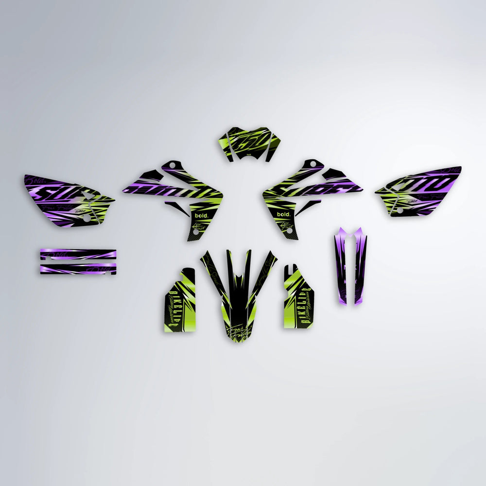 PHANTOM Rieju MRT graphics kit parts layout in Purple & Yellow