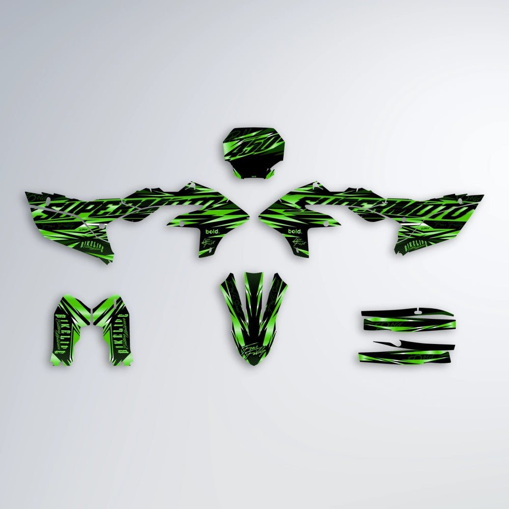 PHANTOM Yamaha YZF SM graphics kit parts layout in Green