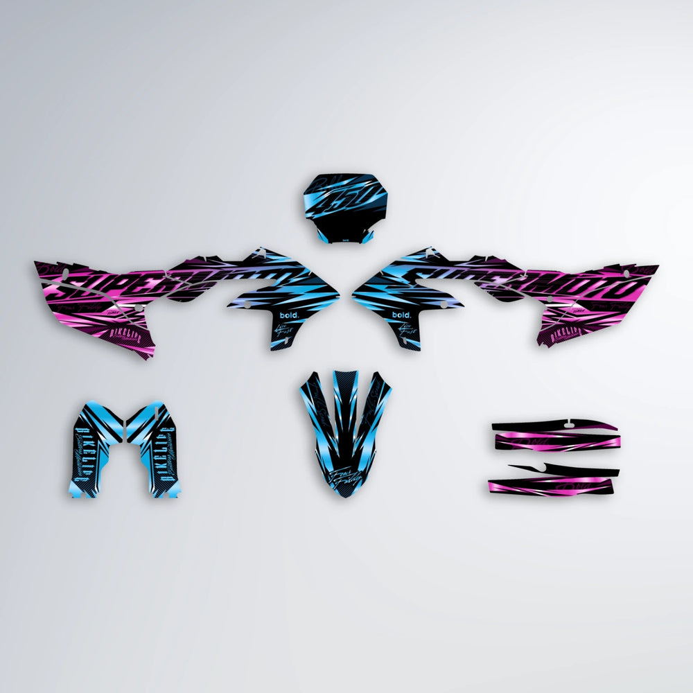 PHANTOM Yamaha YZF SM graphics kit parts layout in Pink & Light Blue