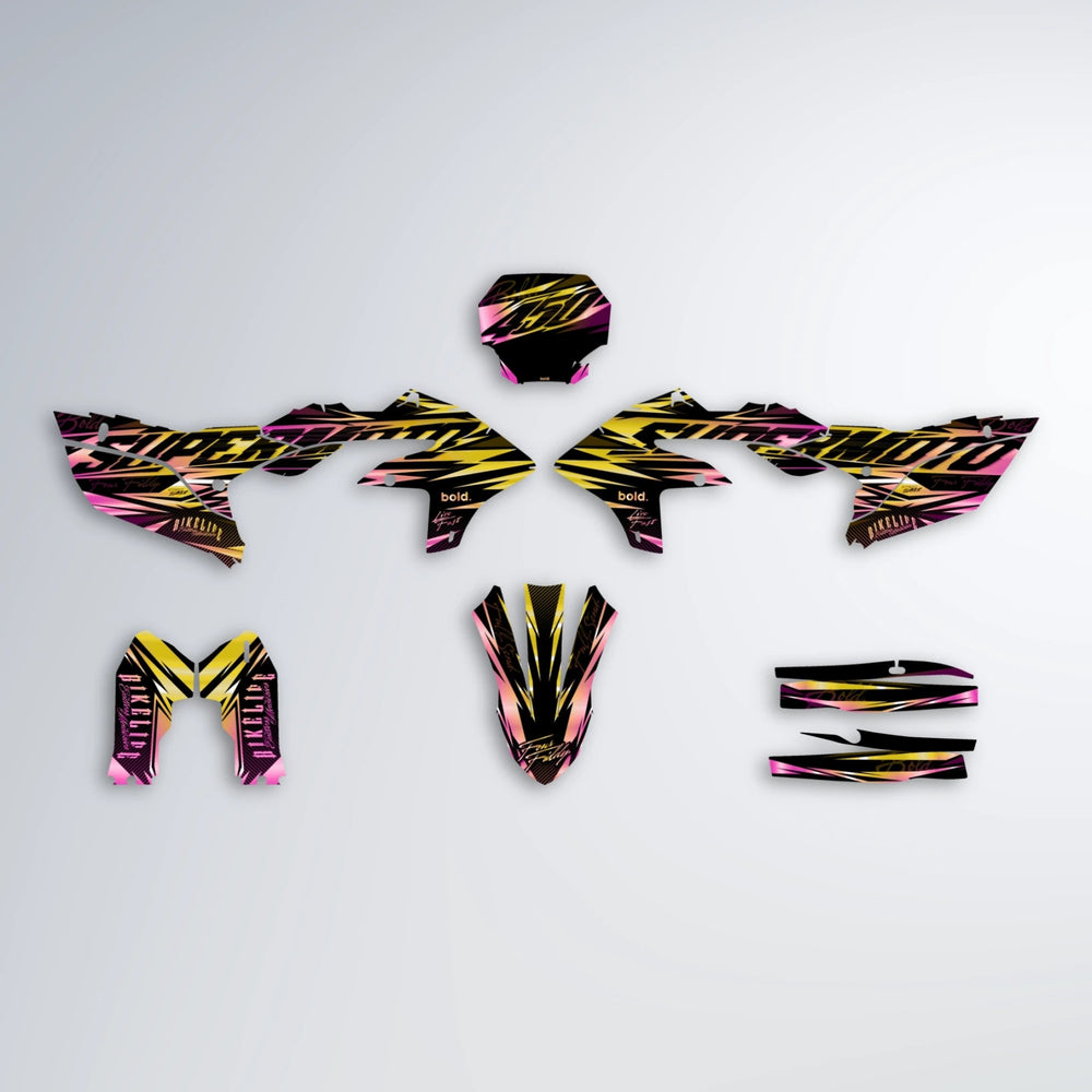 PHANTOM Yamaha YZF SM graphics kit parts layout in Pink & Yellow