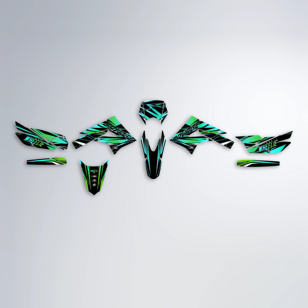 PRESENCE Derbi Senda graphics kit parts layout in Cyan & Green
