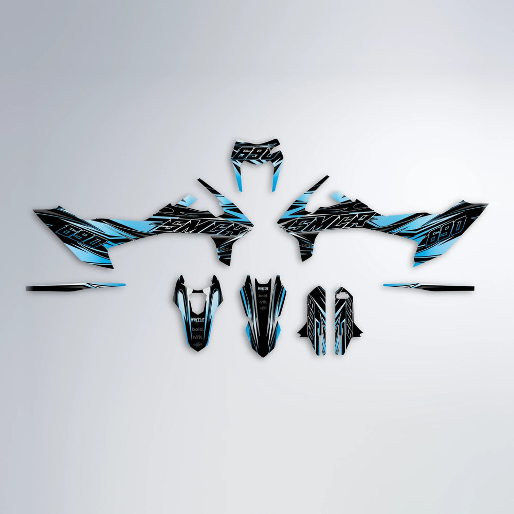 PRESENCE KTM SMC 690 graphics kit parts layout in Light Blue & White