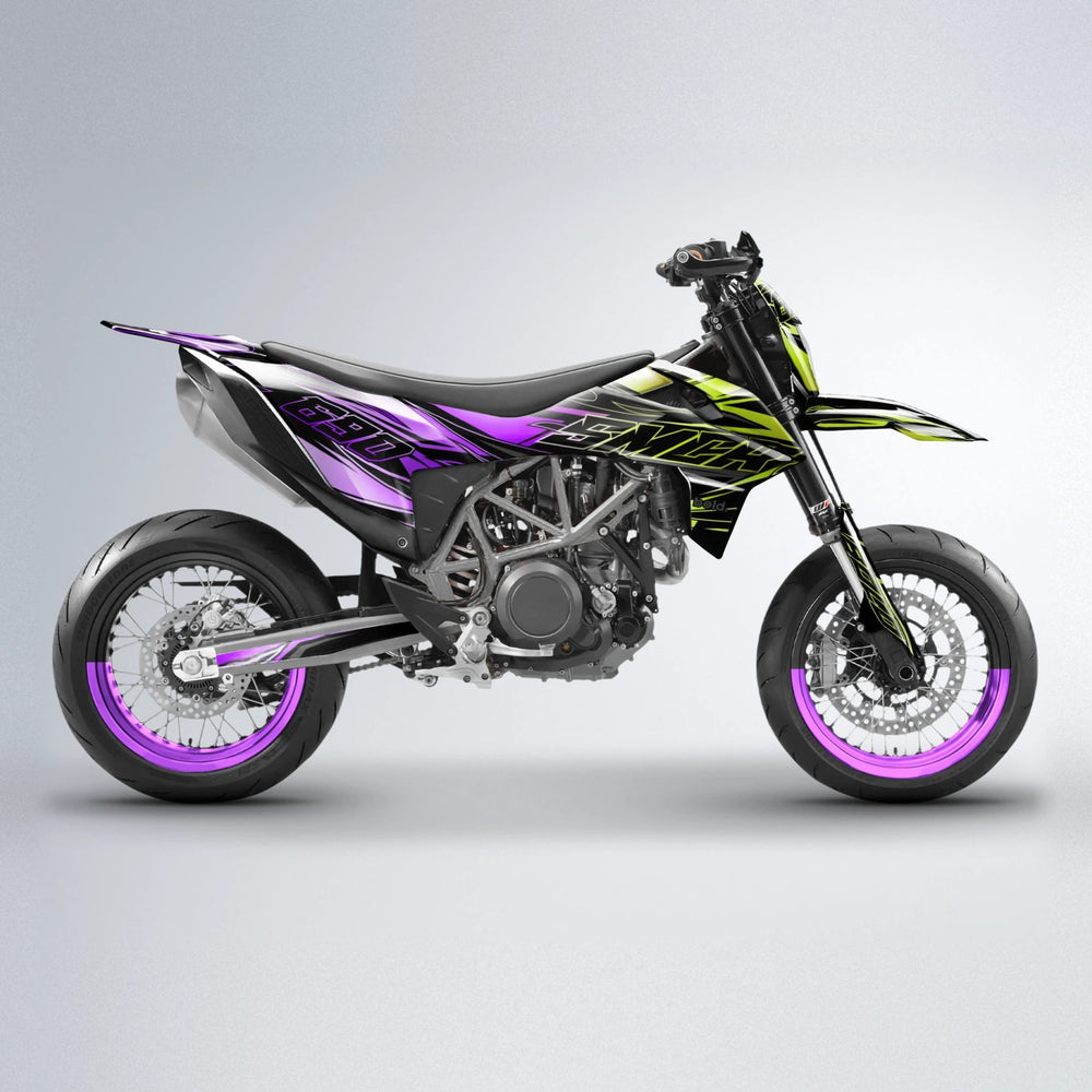 PRESENCE KTM SMC 690 supermoto graphics kit in Purple & Yellow