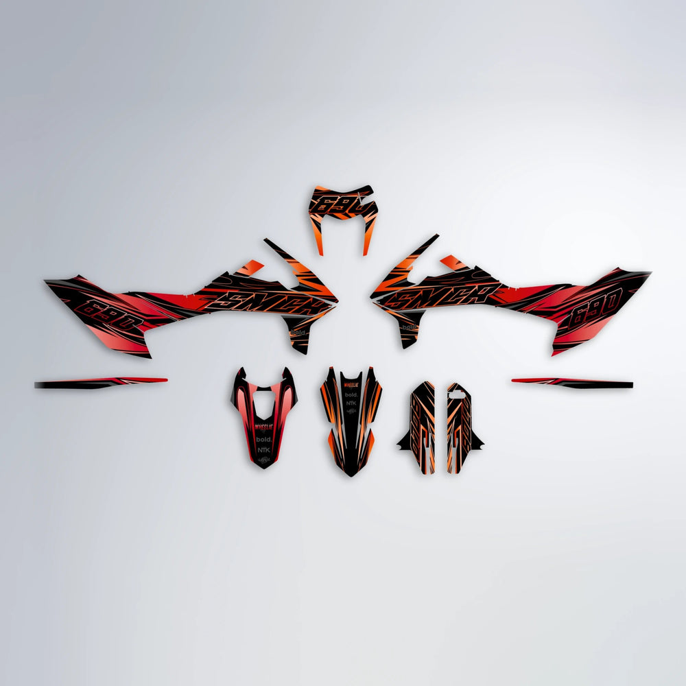 PRESENCE KTM SMC 690 graphics kit parts layout in Red & Orange