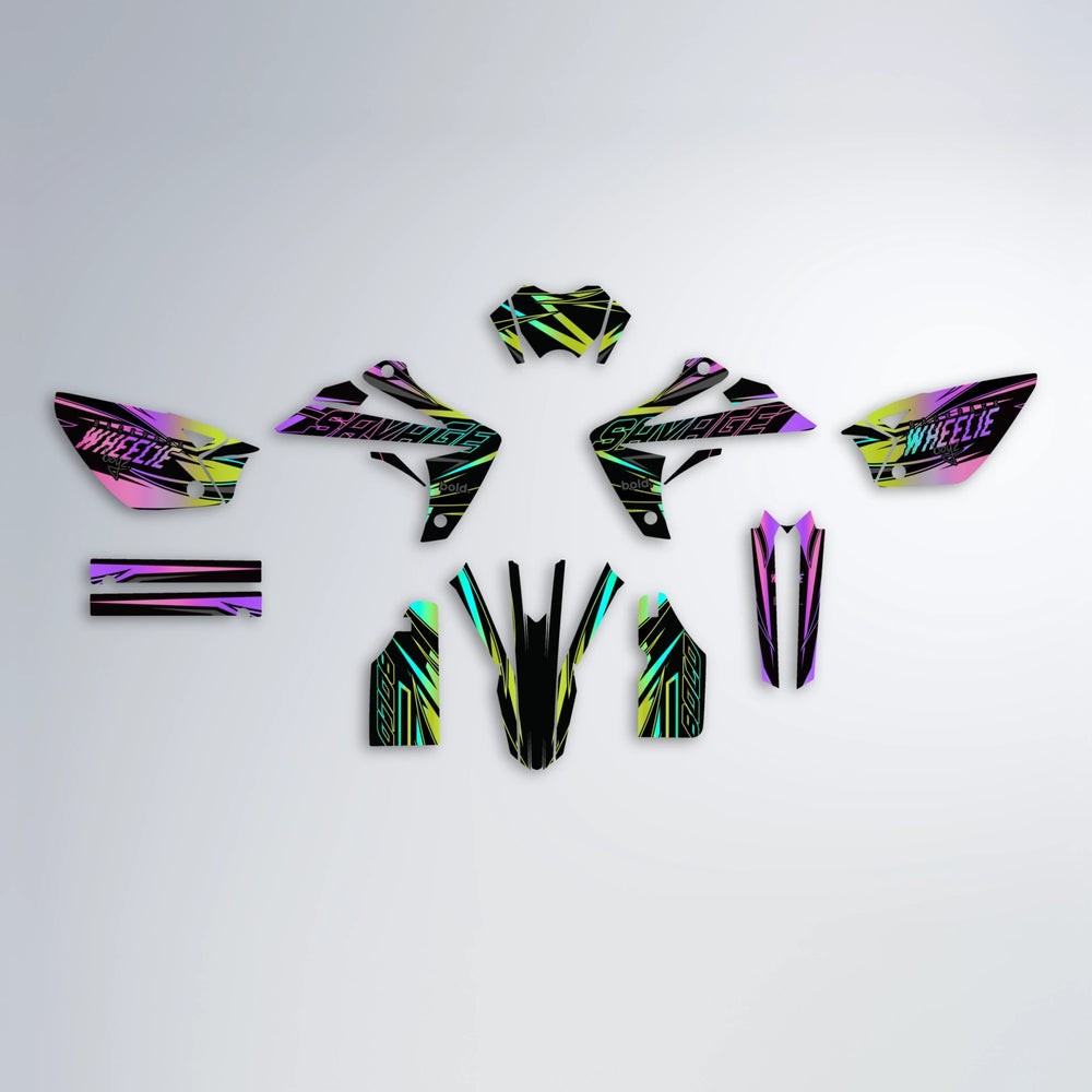 PRESENCE Rieju MRT graphics kit parts layout in Purple & Yellow