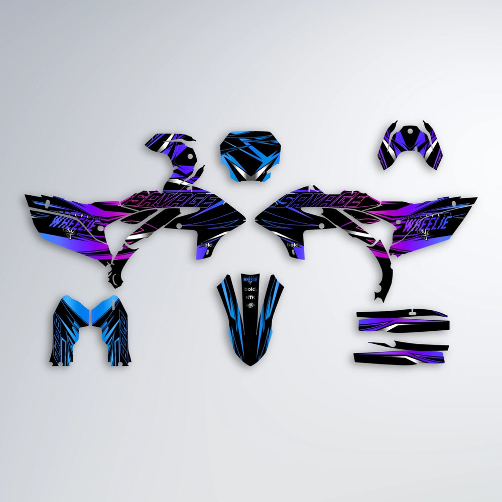 PRESENCE Yamaha YZF MX graphics kit parts layout in Blue Purple Fade