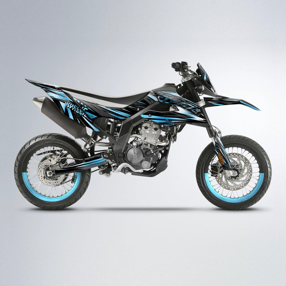 RAGE Aprilia SX 125 supermoto graphics kit in Light Blue & White