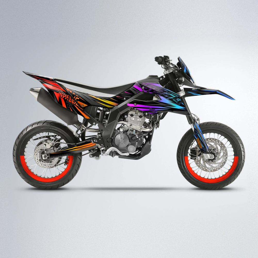 RAGE Aprilia SX 125 supermoto graphics kit in Sunset Fade