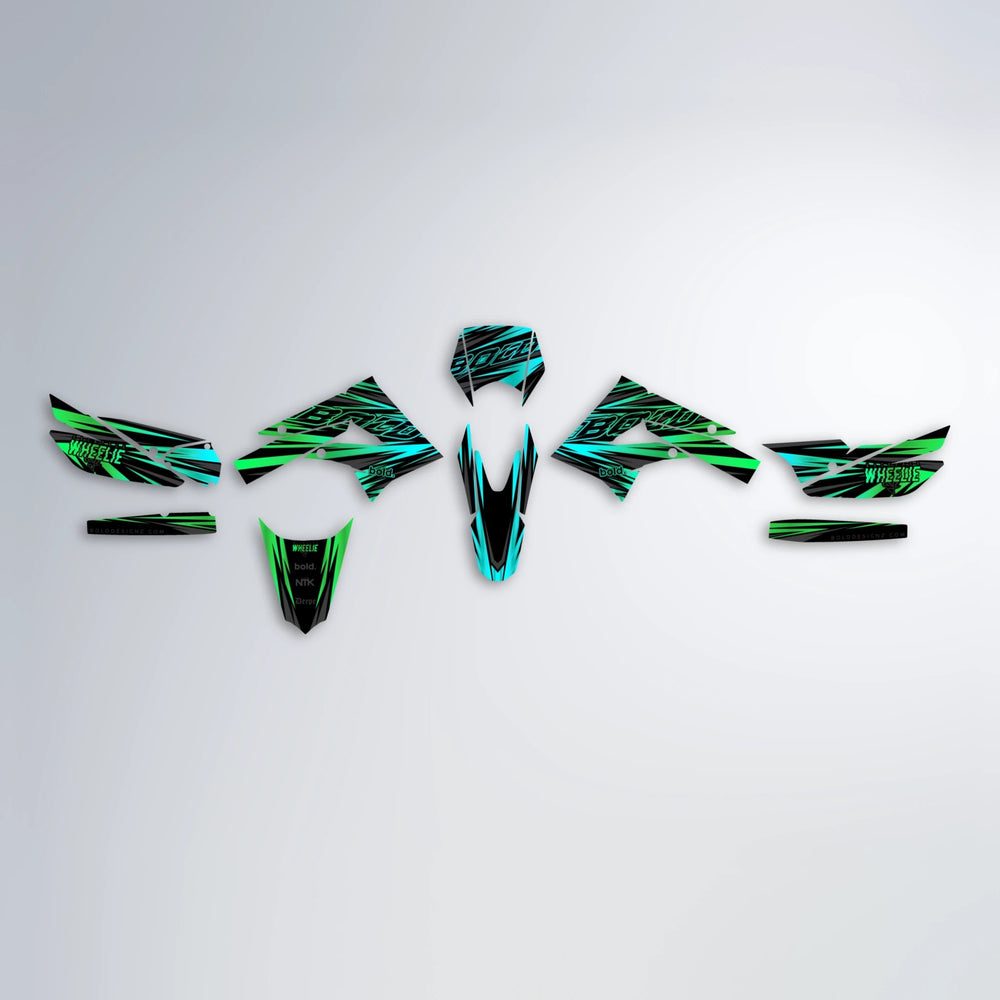 RAGE Derbi Senda graphics kit parts layout in Cyan & Green