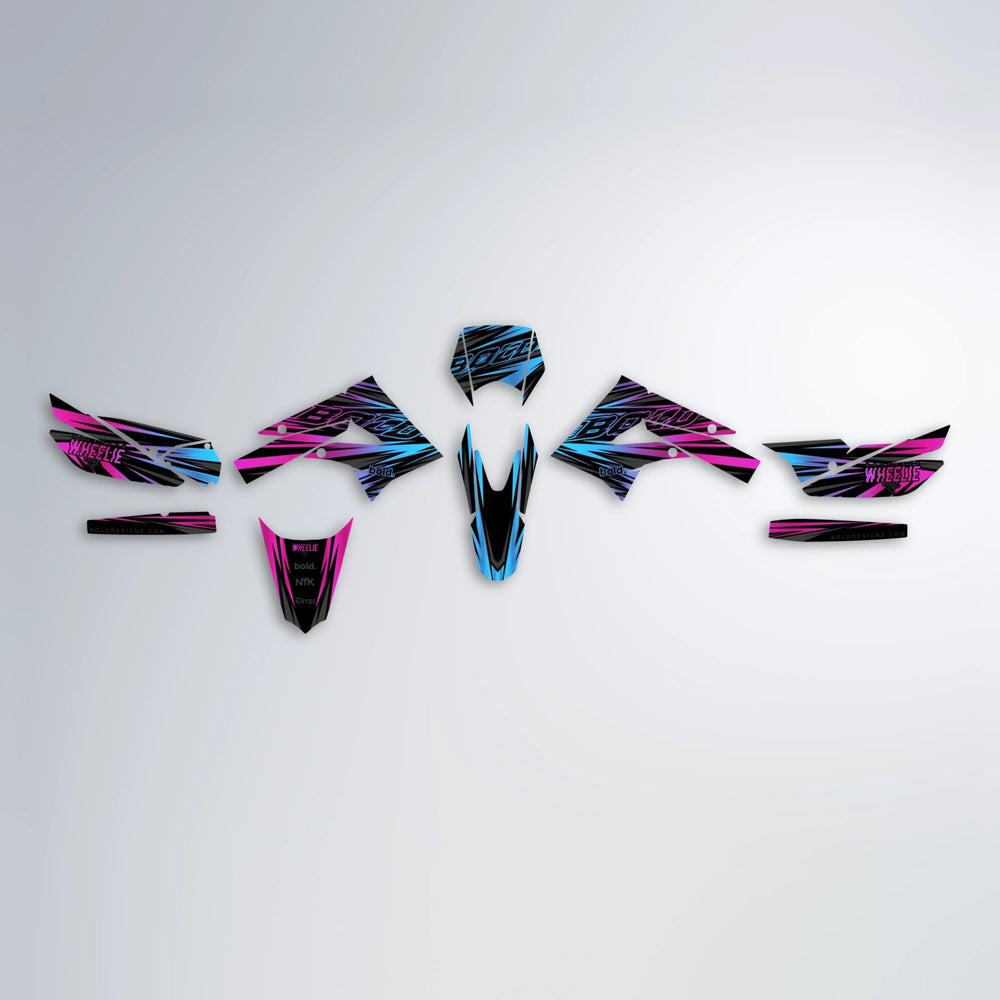 RAGE Derbi Senda graphics kit parts layout in Pink & Light Blue