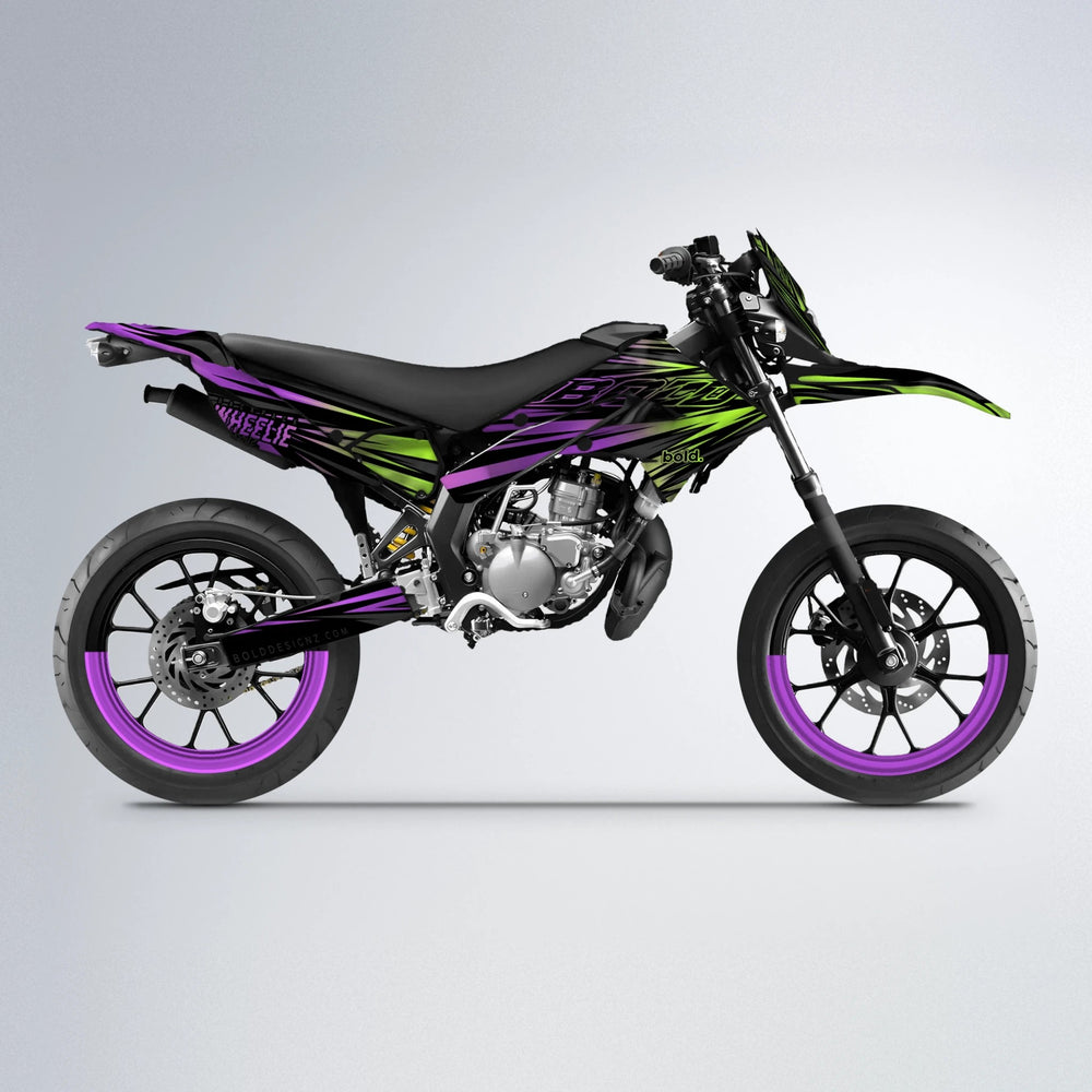 RAGE Derbi Senda supermoto graphics kit in Purple & Yellow