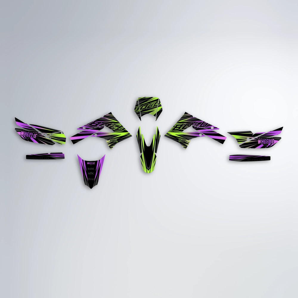 RAGE Derbi Senda graphics kit parts layout in Purple & Yellow