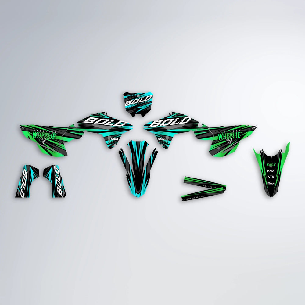 RAGE Honda graphics kit parts layout in Cyan & Green
