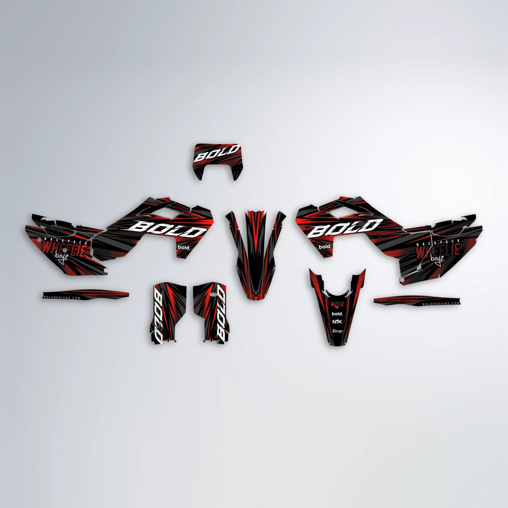 RAGE Husqvarna FE/TE graphics kit parts layout in Black & Red