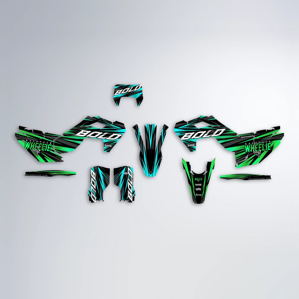 RAGE Husqvarna FE/TE graphics kit parts layout in Cyan & Green