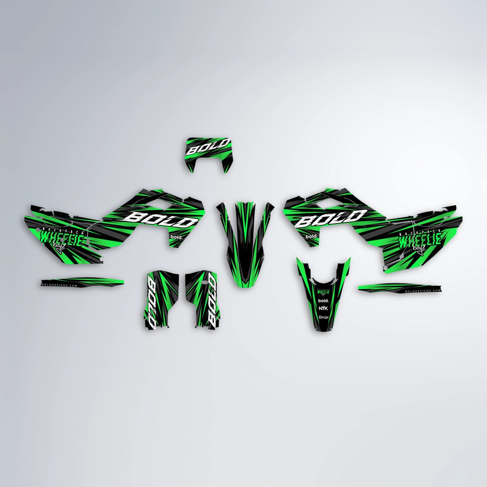 RAGE Husqvarna FE/TE graphics kit parts layout in Green