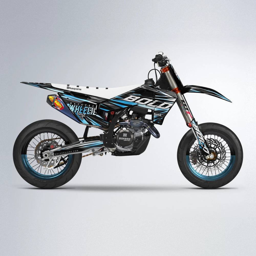 RAGE Husqvarna FE/TE supermoto graphics kit in Light Blue & White