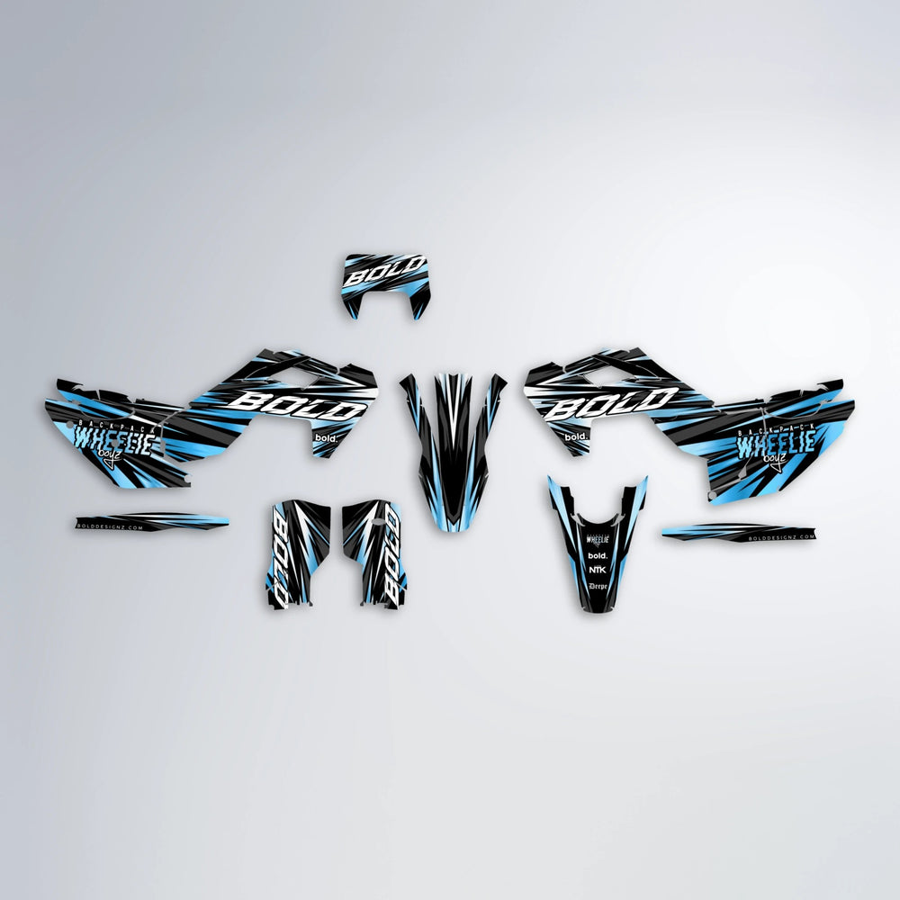 RAGE Husqvarna FE/TE graphics kit parts layout in Light Blue & White