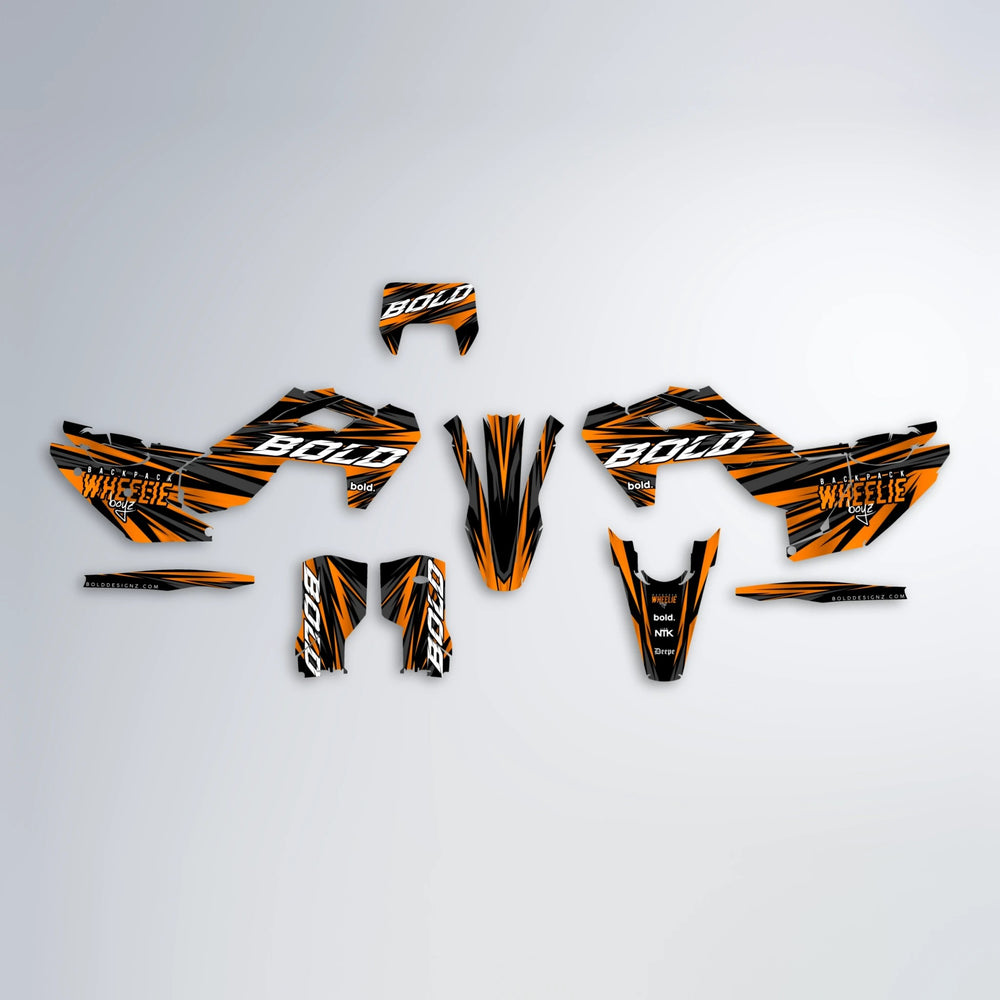 RAGE Husqvarna FE/TE graphics kit parts layout in Orange