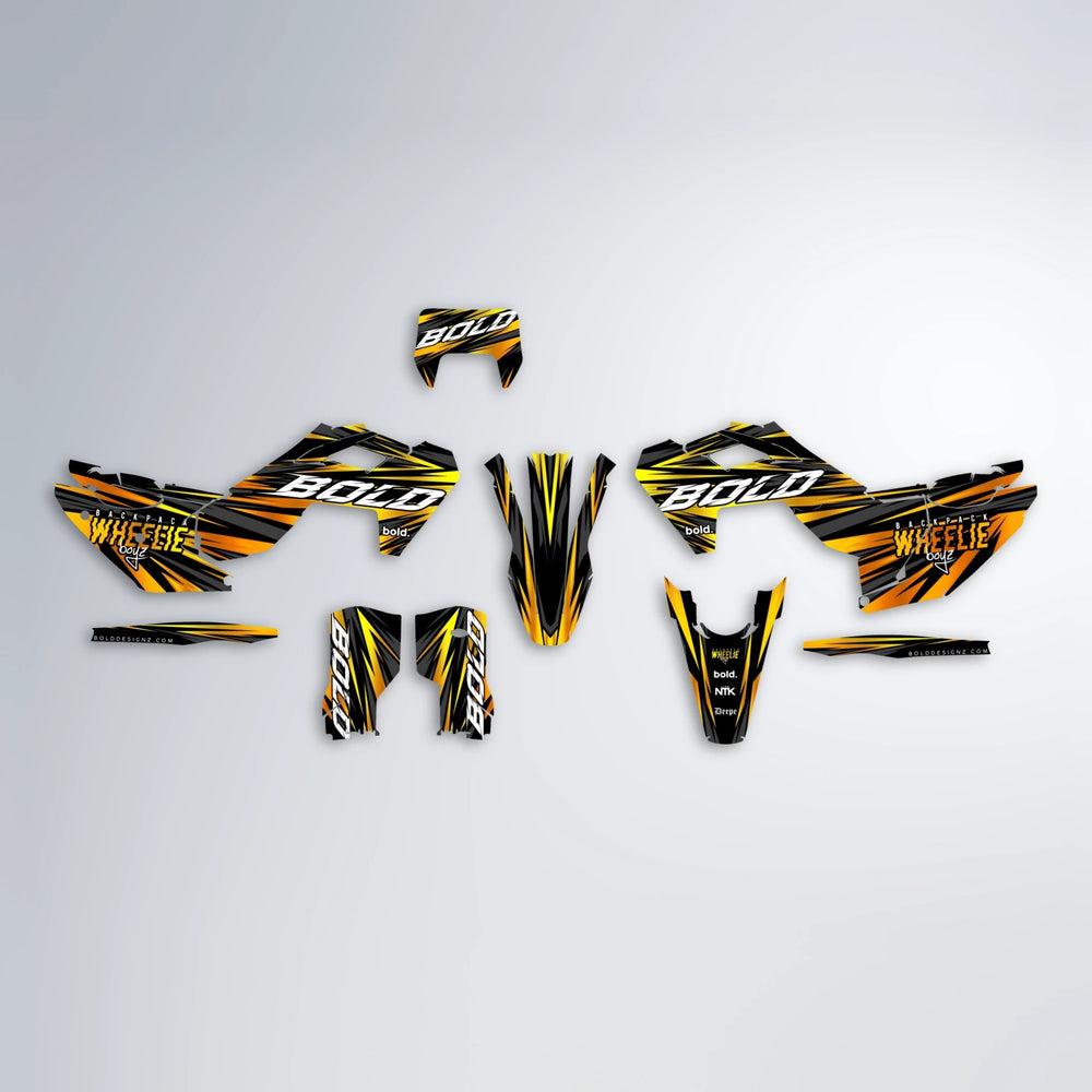 RAGE Husqvarna FE/TE graphics kit parts layout in Orange & Yellow