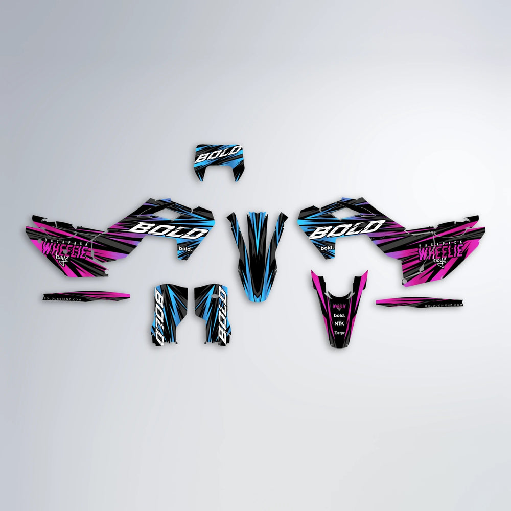 RAGE Husqvarna FE/TE graphics kit parts layout in Pink & Light Blue