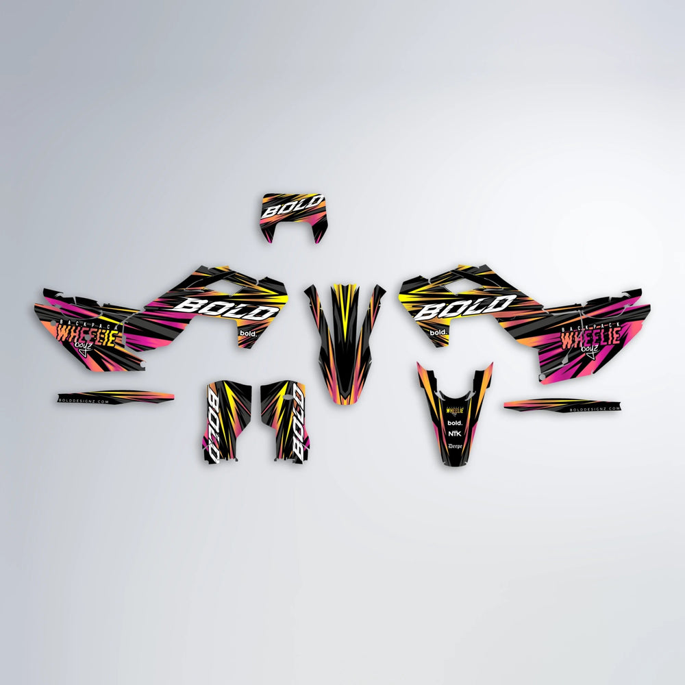 RAGE Husqvarna FE/TE graphics kit parts layout in Pink & Yellow