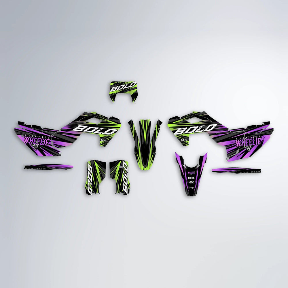 RAGE Husqvarna FE/TE graphics kit parts layout in Purple & Yellow