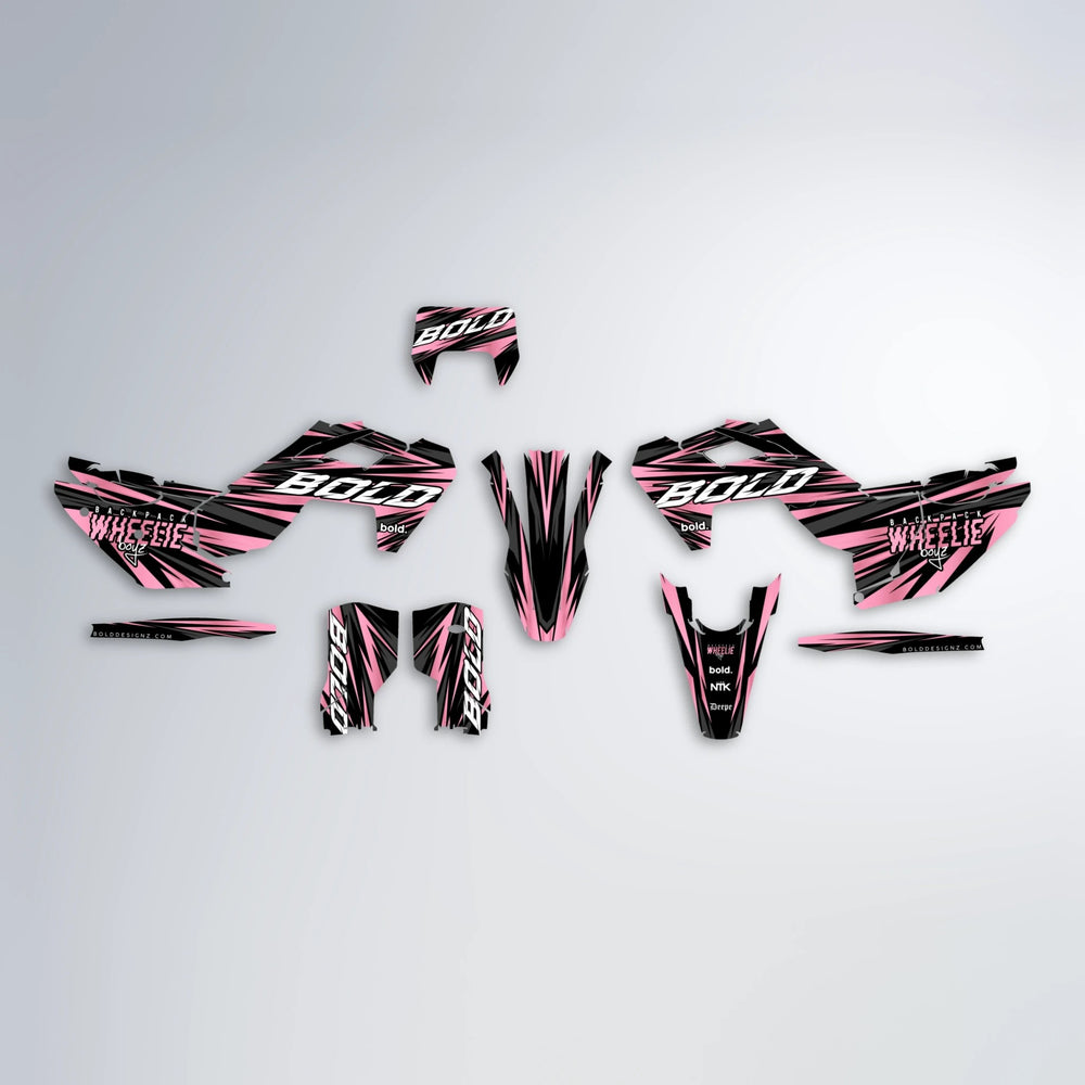 RAGE Husqvarna FE/TE graphics kit parts layout in Sakura Pink