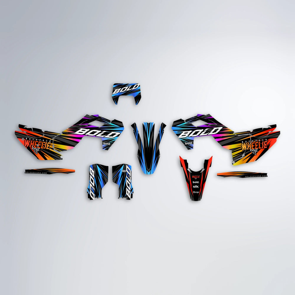 RAGE Husqvarna FE/TE graphics kit parts layout in Sunset Fade